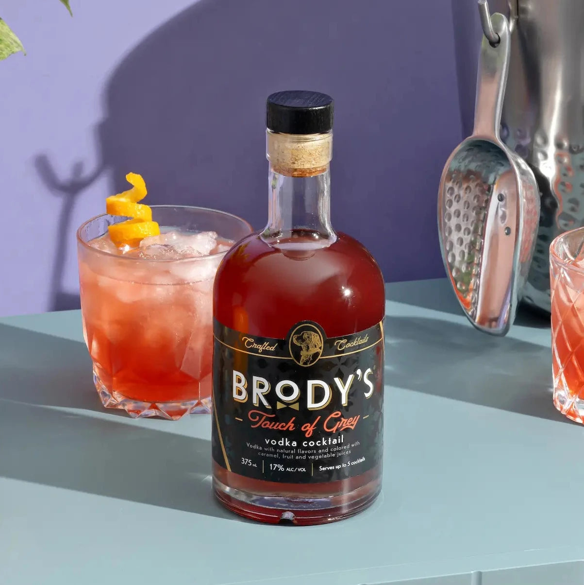 Brody's Touch of Grey Earl Grey vodka cocktail bottle with rocks glass serve — ready-to-serve craft cocktail