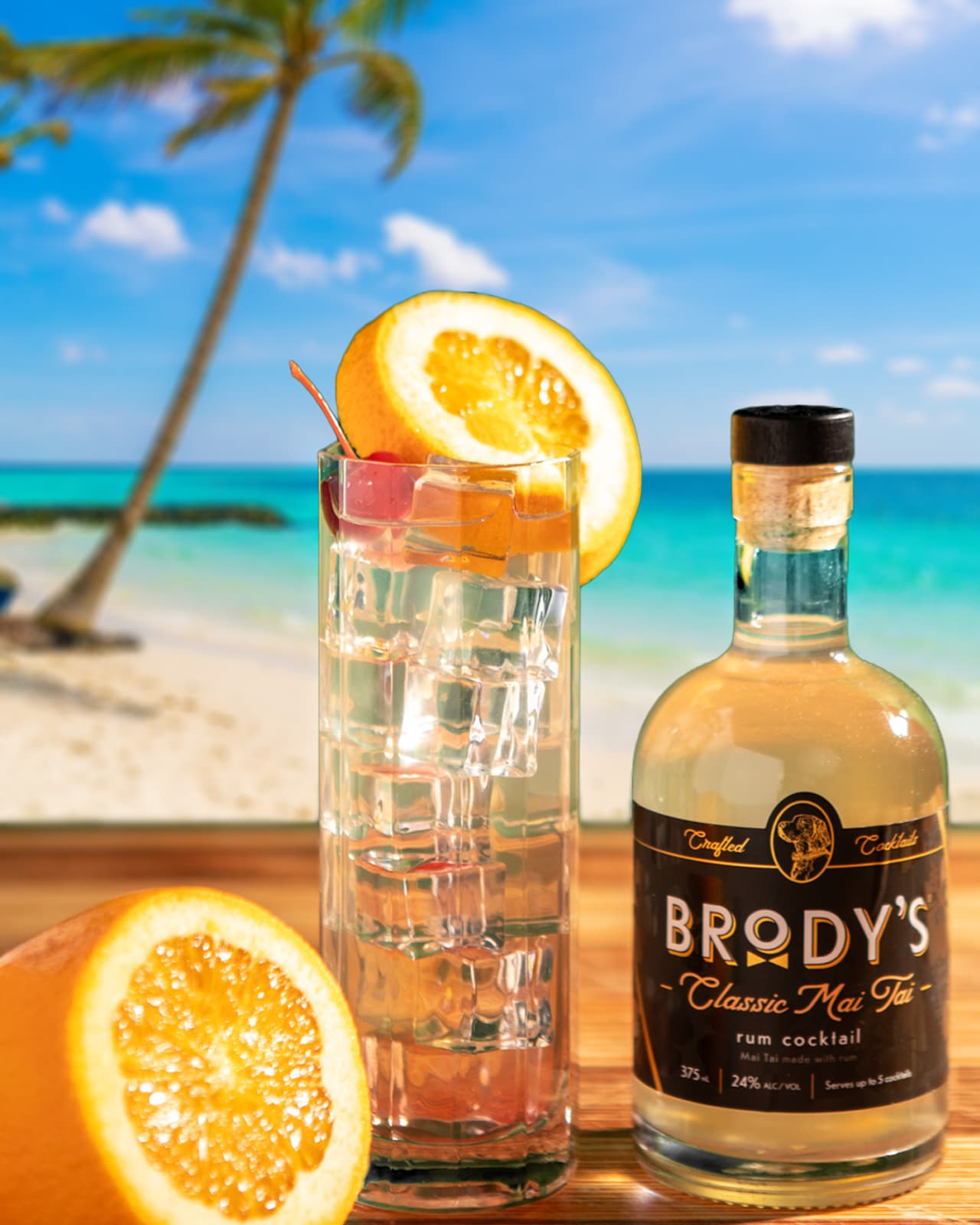 Brody's Classic Mai Tai rum cocktail bottle with tropical beach and palm trees — ready-to-serve craft cocktail