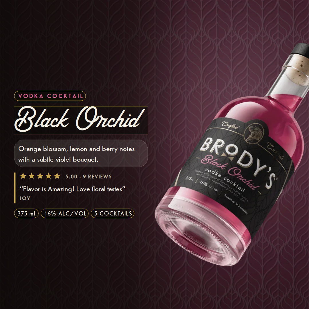 Black Orchid vodka cocktail — orange blossom, lemon and berry notes with a subtle violet bouquet. 375 ml, 16% alc/vol, serves up to 5 cocktails. Rated 5.00 from 9 reviews.