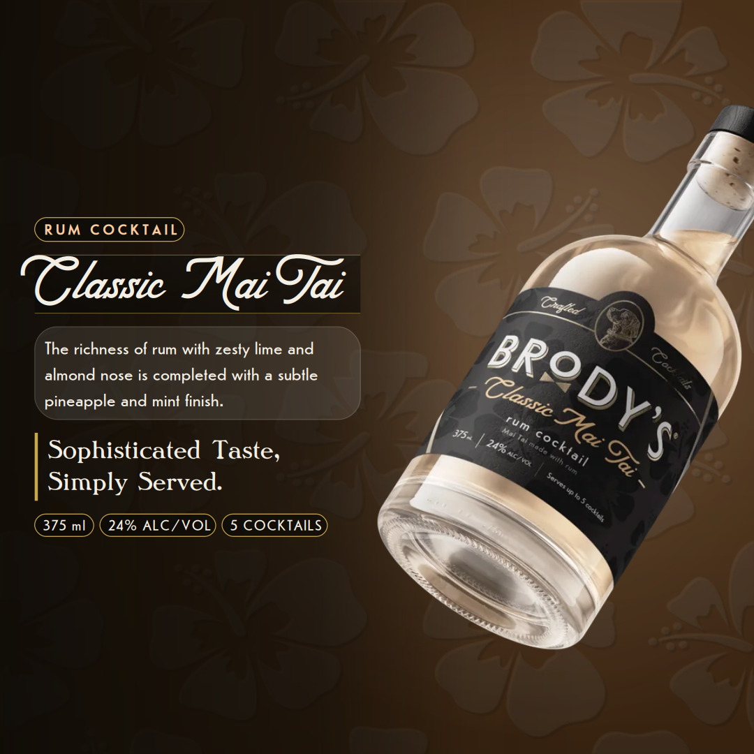 Classic Mai Tai rum cocktail — the richness of rum with zesty lime and almond nose is completed with a subtle pineapple and mint finish. 375 ml, 24% alc/vol, serves up to 5 cocktails. Sophisticated Taste, Simply Served.