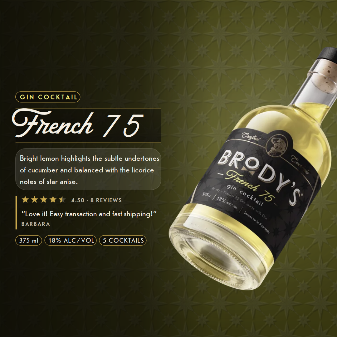 French 75 gin cocktail — bright lemon highlights the subtle undertones of cucumber and balanced with the licorice notes of star anise. 375 ml, 18% alc/vol, serves up to 5 cocktails. Rated 4.50 from 8 reviews.