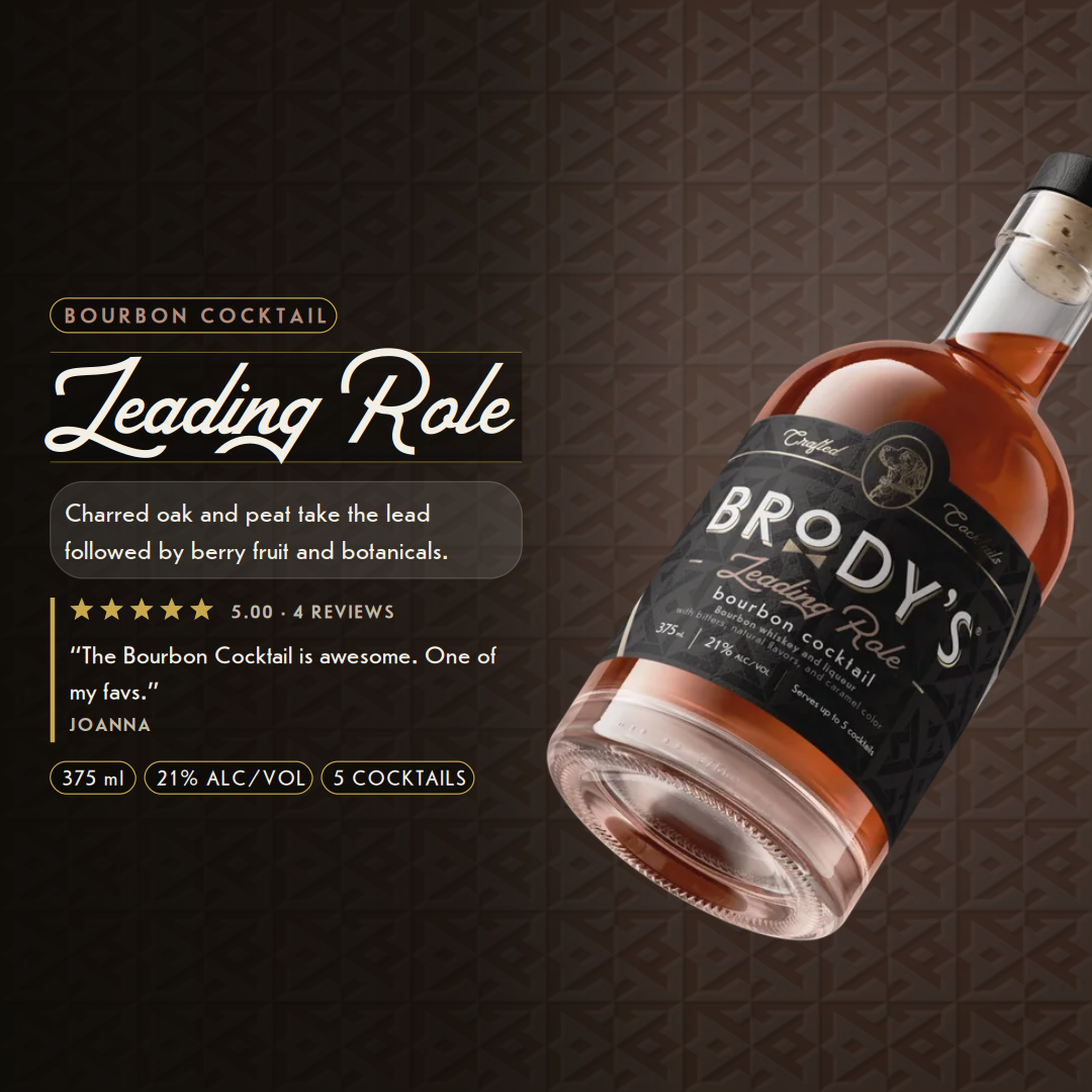 Leading Role bourbon cocktail — charred oak and peat take the lead followed by berry fruit and botanicals. 375 ml, 21% alc/vol, serves up to 5 cocktails. Rated 5.00 from 4 reviews.