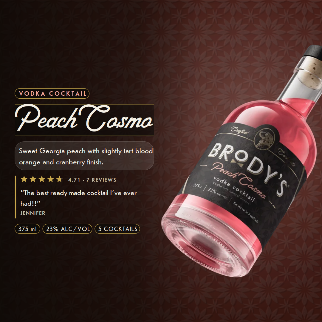 Peach Cosmo vodka cocktail — sweet Georgia peach with slightly tart blood orange and cranberry finish. 375 ml, 23% alc/vol, serves up to 5 cocktails. Rated 4.71 from 7 reviews.