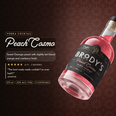 Peach Cosmo vodka cocktail — sweet Georgia peach with slightly tart blood orange and cranberry finish. 375 ml, 23% alc/vol, serves up to 5 cocktails. Rated 4.71 from 7 reviews.