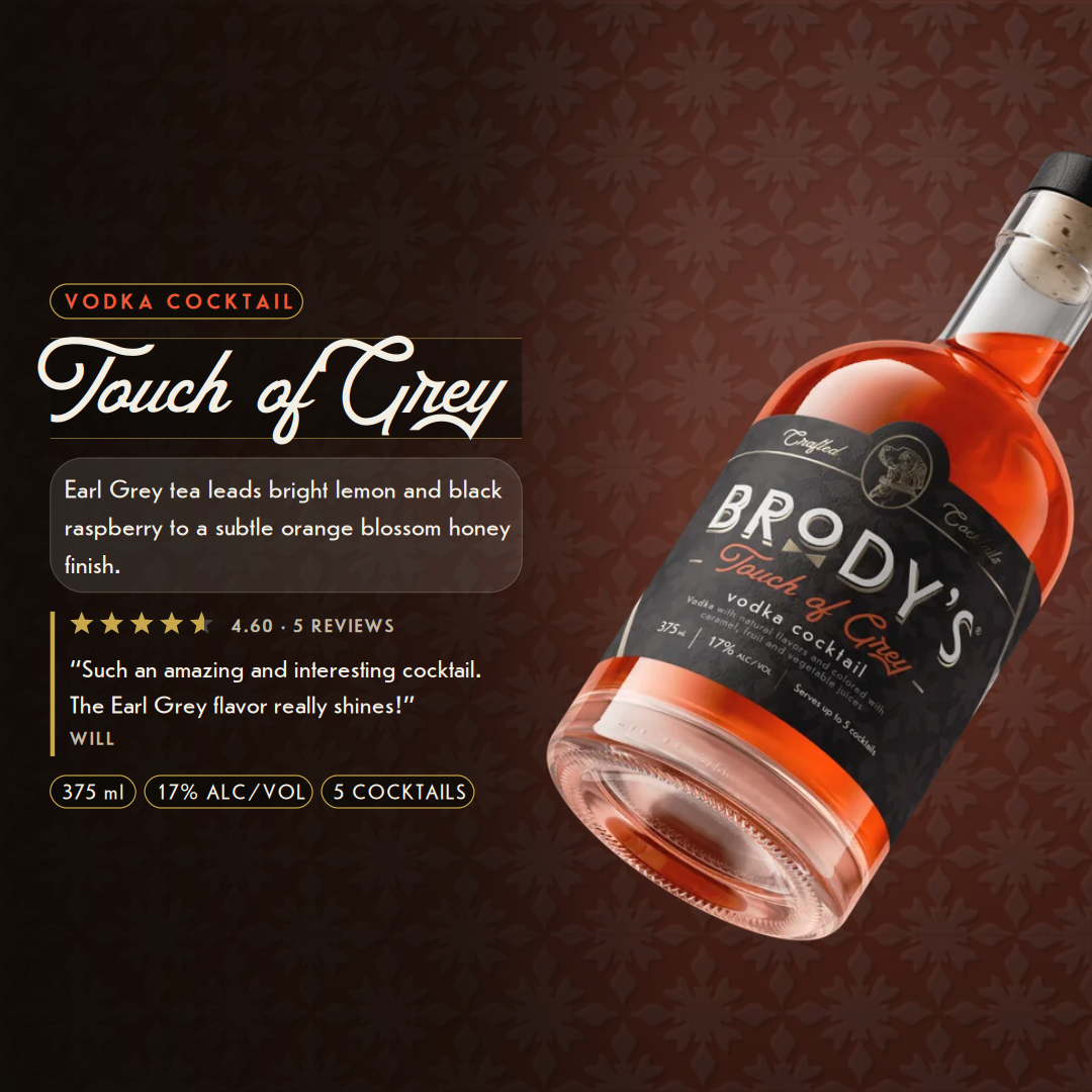 Touch of Grey vodka cocktail — earl Grey tea leads bright lemon and black raspberry to a subtle orange blossom honey finish. 375 ml, 17% alc/vol, serves up to 5 cocktails. Rated 4.60 from 5 reviews.