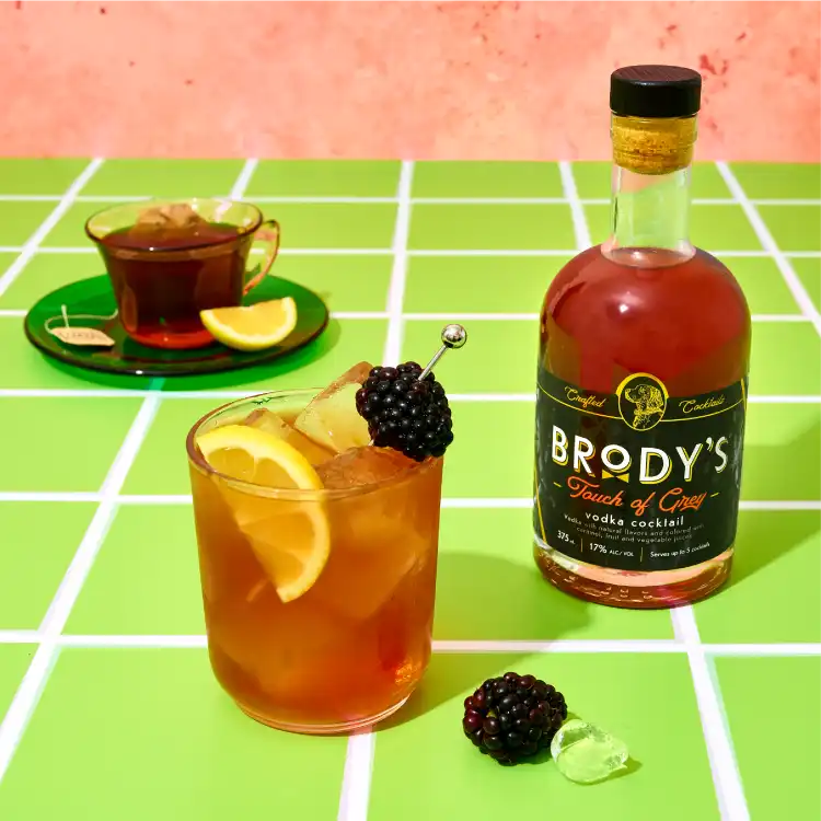 Brody's Touch of Grey Earl Grey vodka cocktail bottle with teacup serve — ready-to-serve craft cocktail