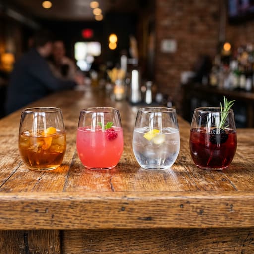 Four stemless tasting glasses in a row, each holding a different colored cocktail — amber, gold, and rose tones — on a dark wood surface, included with Brody's Buckeye Bundle.