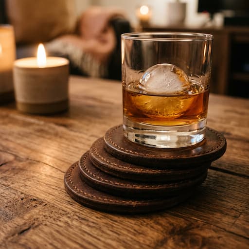 Set of 4 stacked saddle-tone leather coasters with a rocks glass of whiskey resting on top, warm candlelit background — included with Brody's Fireside Bundle.