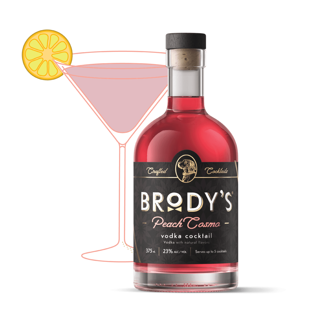 Brody's Peach Cosmo bottle, front label showing 375 ml and 23% alc/vol