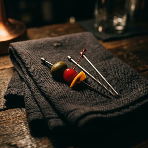 Four stainless cocktail picks resting on a folded waffle-weave bar towel with a garnished cocktail nearby — included with Brody's Buckeye Bundle.