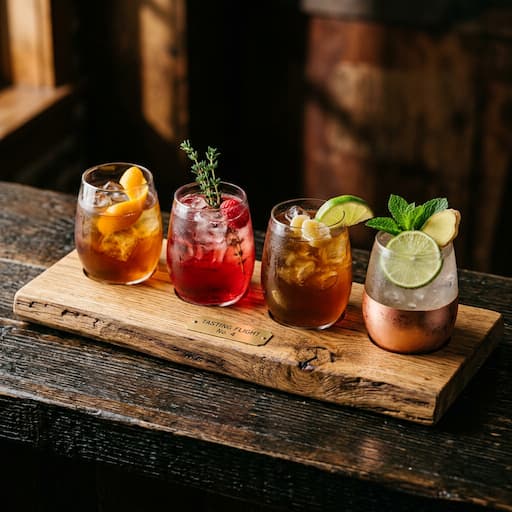 A solid wood cocktail flight board holding four stemless tasting glasses, each filled with a different cocktail, on a dark surface — included with Brody's Buckeye Bundle.