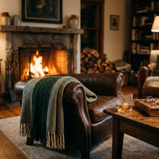 Plush cream throw blanket draped over a leather chair beside a rocks glass and warm fireplace — included with Brody's Fireside Bundle.