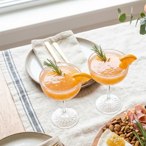 Two stemmed coupe glasses on a marble surface, one holding a golden cocktail with bubbles, one holding a rose-toned drink — included with Brody's Boozy Brunch Bundle.