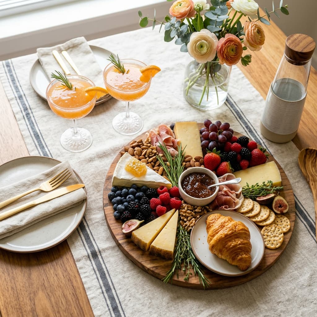 Hand-finished acacia charcuterie board styled with cheeses, berries, and croissants beside two coupe glasses with brunch cocktails — included with Brody's Boozy Brunch Bundle.