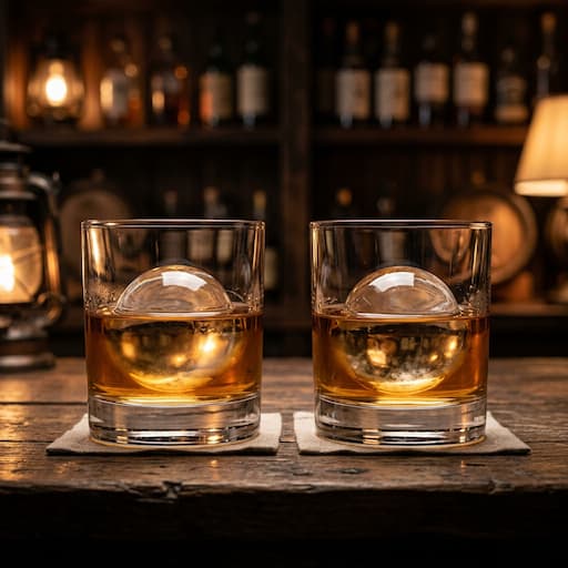 Two heavy-bottom rocks glasses with crystal-clear ice spheres, amber whiskey, on a dark wood surface — included with Brody's Fireside Bundle.